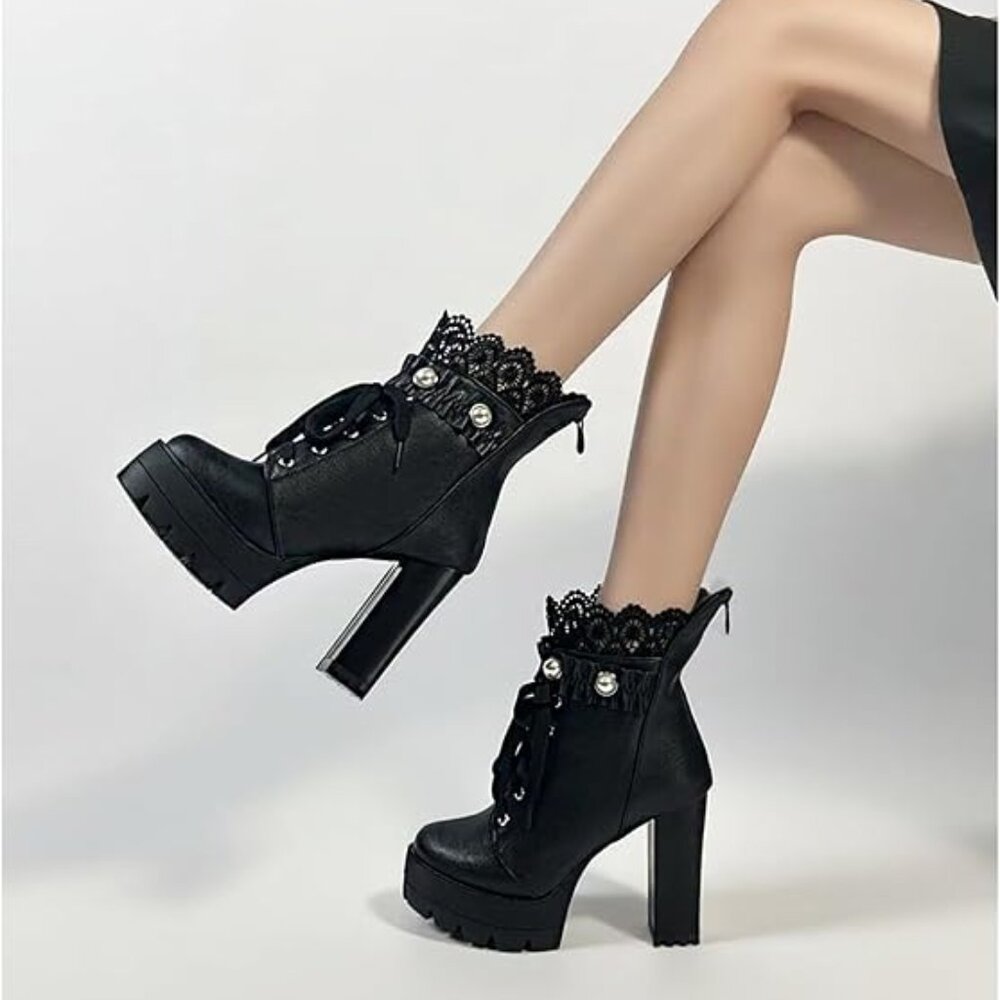 Black High Heel Boots For Women Platform Combat Booties Lace Up Goth Chunky Heel